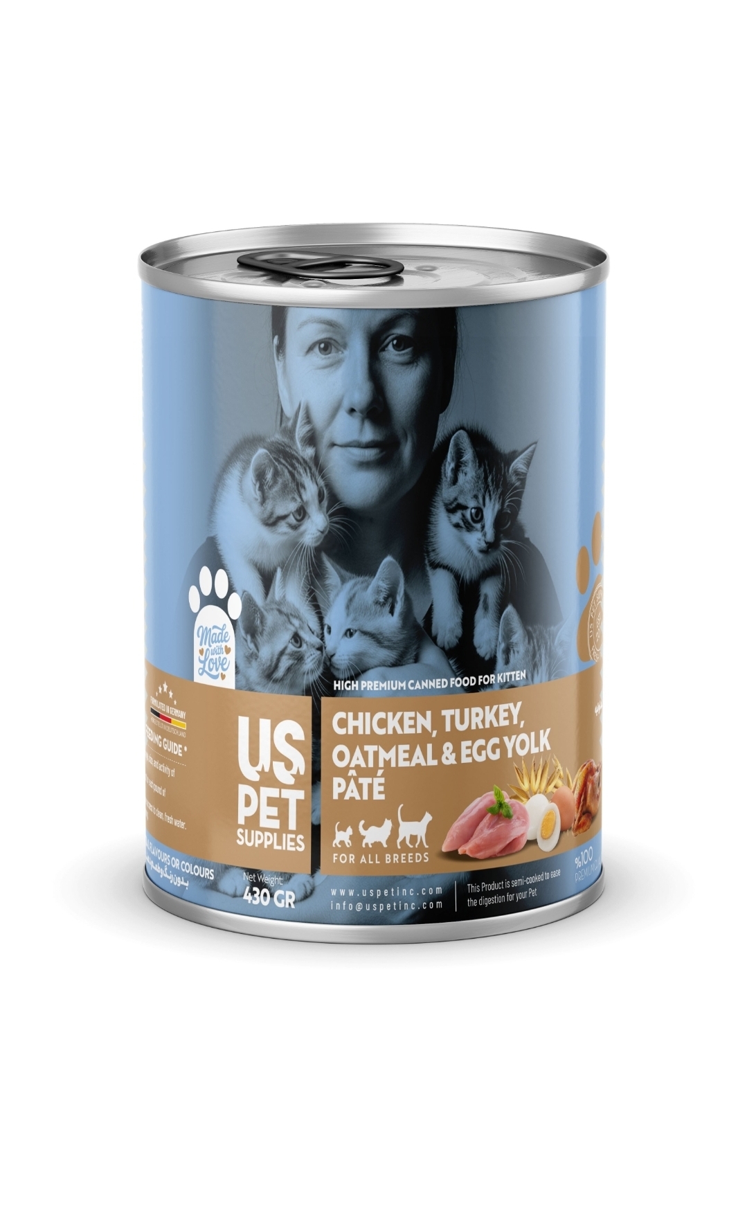 کنسرو بچه گربه430 گرمی US PET مدل های پریمیوم طعم  مرغ،بوقلمون،کدو تنبل،جو پرک پخته،زرده تخم مرغ پخته